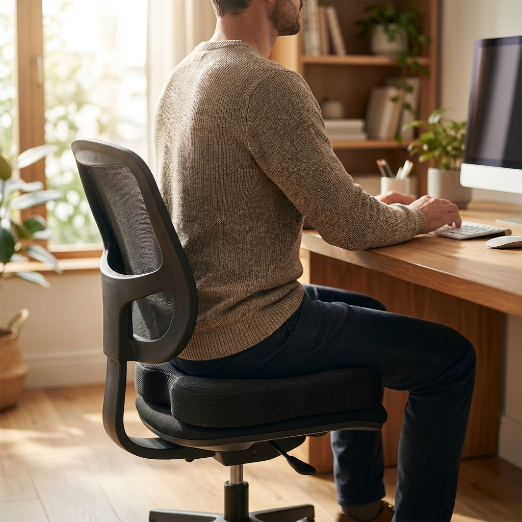 Coussin siège ergonomique utilisé sur une chaise lors du télétravail